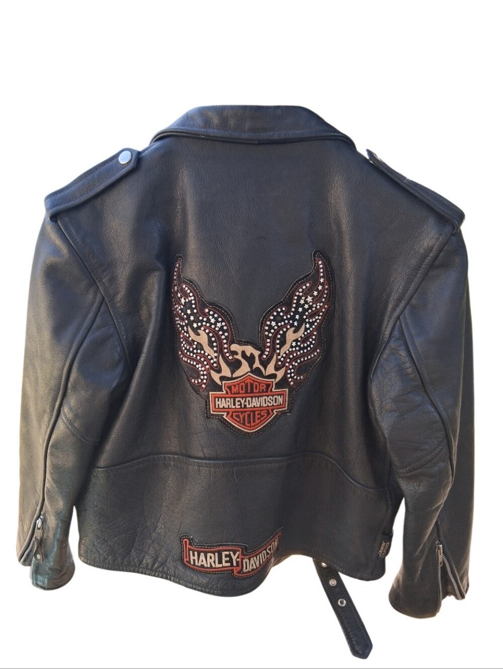 Rare VintageBlack Leather Biker Moto Jacket with Authentic Harley Davidson Patch